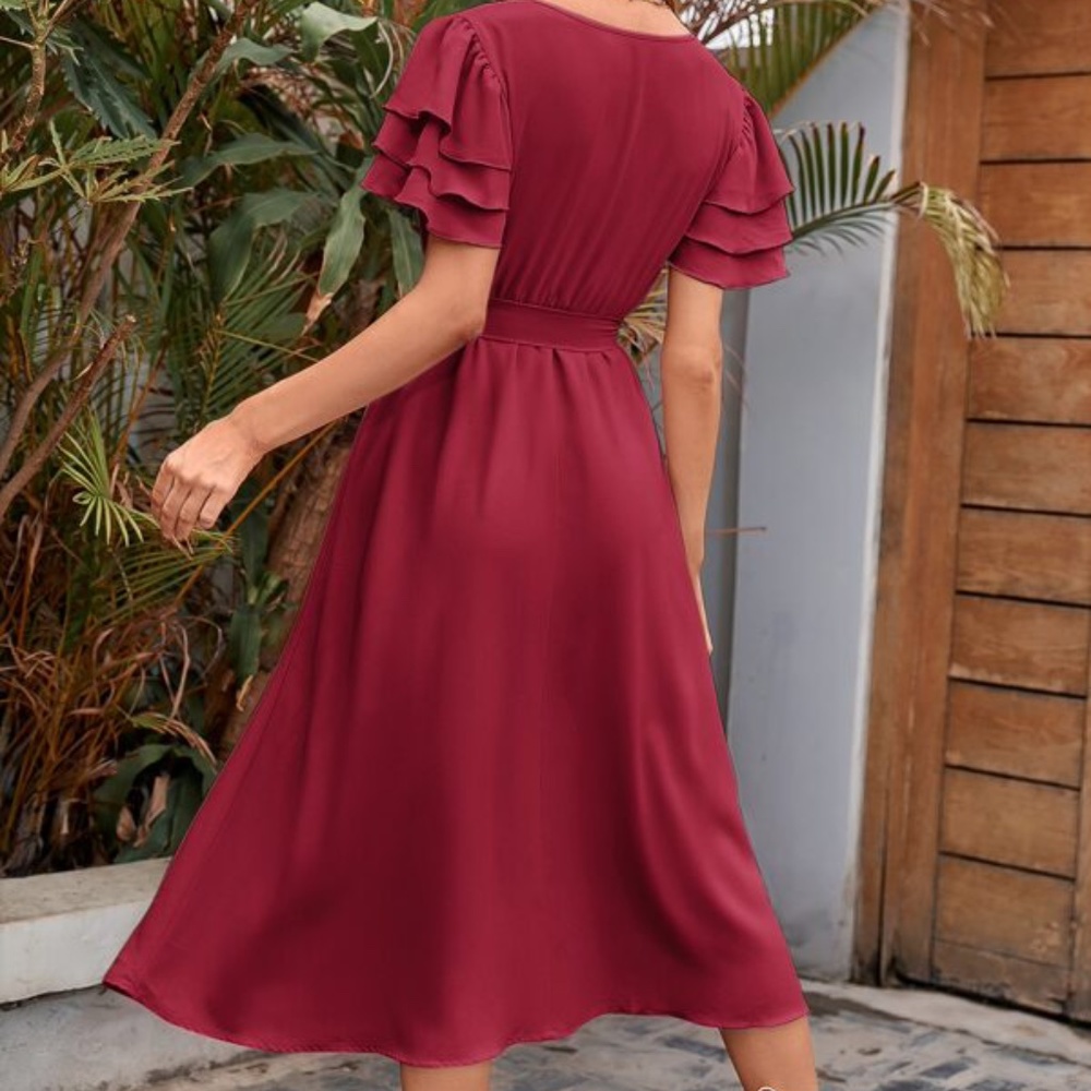 Boho Blush Pink Butterfly Ruffle Sleeve Midi Dress Minimalist - Picture 4 of 15